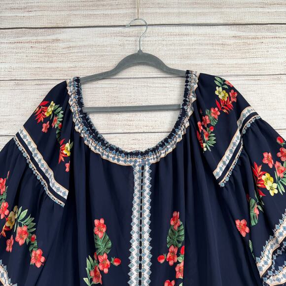 Flower & Feather Off Shoulder Floral Blouse Womens 2XL Navy Blue Semi Sheer - Picture 4 of 10
